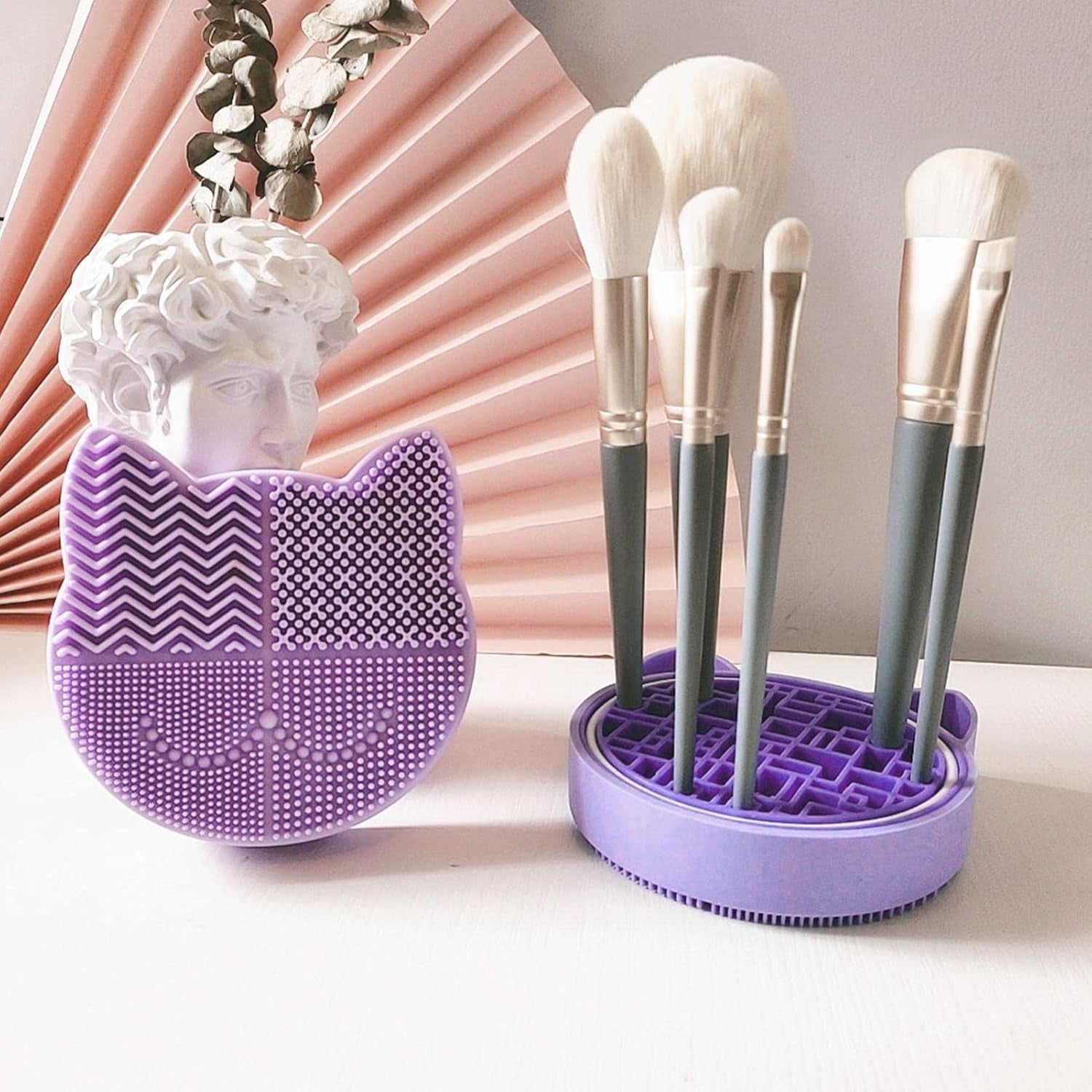 Makeup Brush Cleaning Mat, 2 in 1 Silicone Makeup Brush Cleaning Pad and Brush Drying Storage Stand Holder, Travel Portable Washing Tool for Makeup Brushes