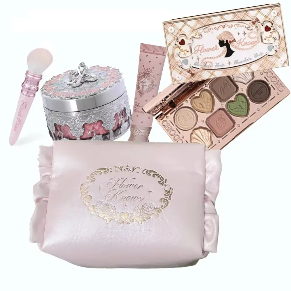 Flower Knows All in One Makeup Set Gift Box Glitter Eye Shadow Palette Matte Blush Long Lasting Velvet Lip Cream with Bag