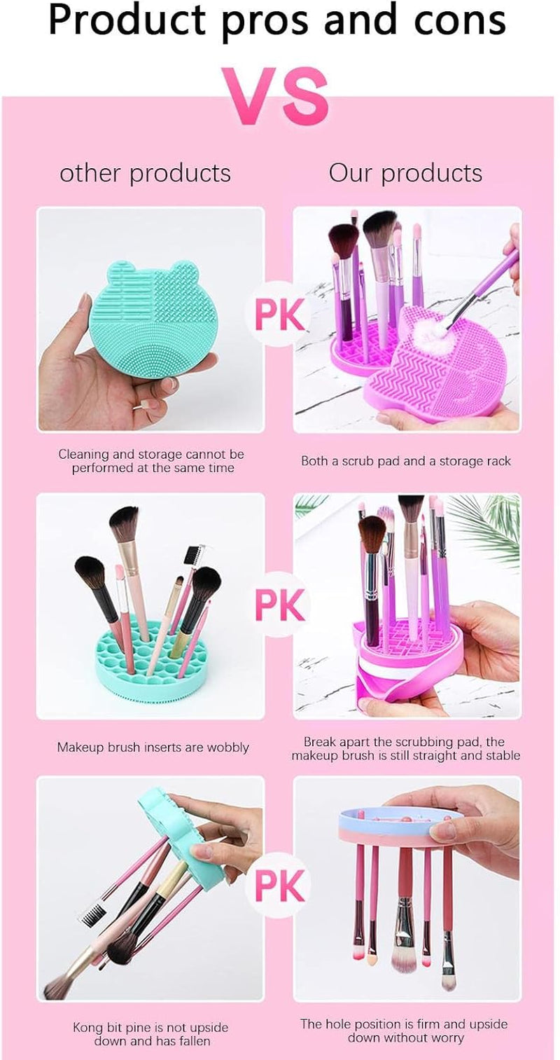 Makeup Brush Cleaning Mat, 2 in 1 Silicone Makeup Brush Cleaning Pad and Brush Drying Storage Stand Holder, Travel Portable Washing Tool for Makeup Brushes