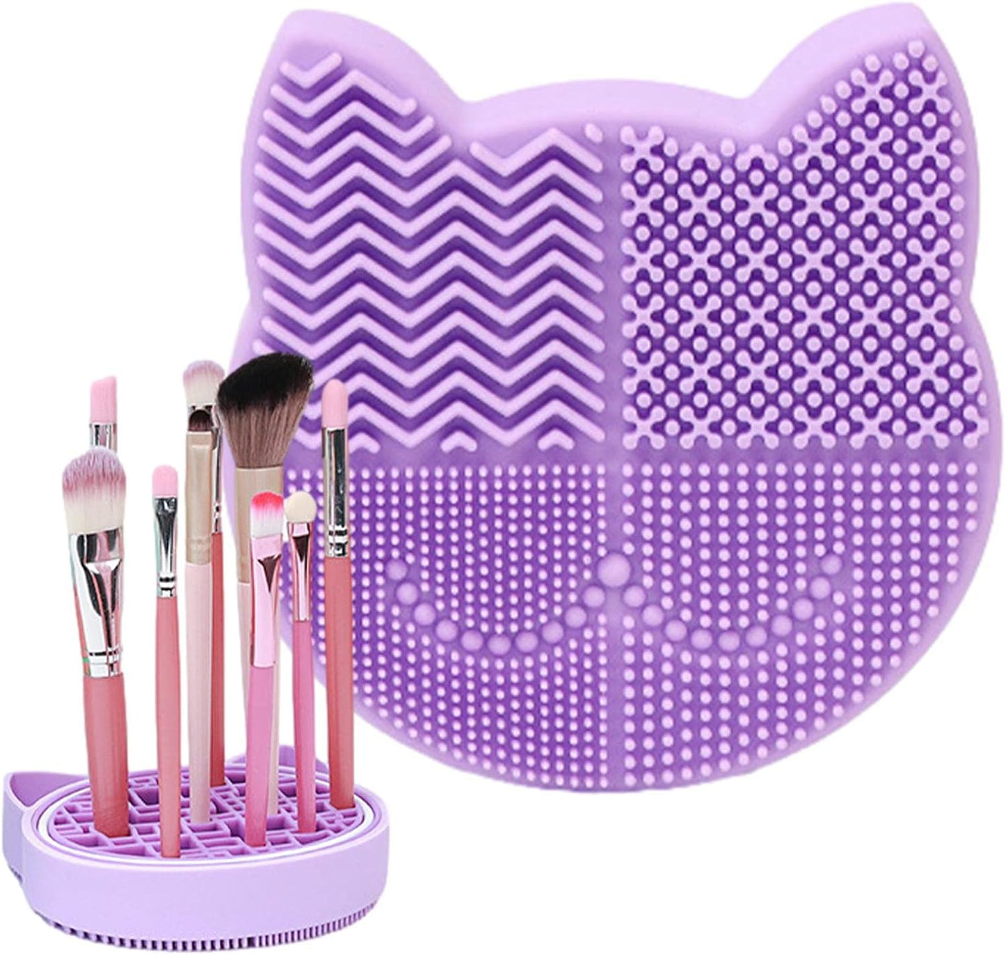 Makeup Brush Cleaning Mat, 2 in 1 Silicone Makeup Brush Cleaning Pad and Brush Drying Storage Stand Holder, Travel Portable Washing Tool for Makeup Brushes