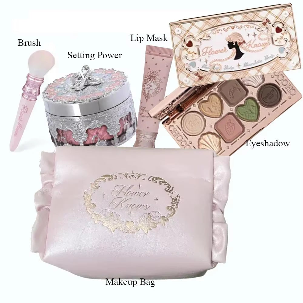 Flower Knows All in One Makeup Set Gift Box Glitter Eye Shadow Palette Matte Blush Long Lasting Velvet Lip Cream with Bag