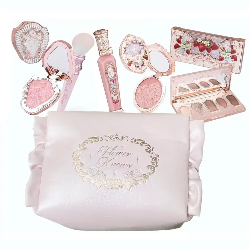 Flower Knows All in One Makeup Set Gift Box Glitter Eye Shadow Palette Matte Blush Long Lasting Velvet Lip Cream with Bag